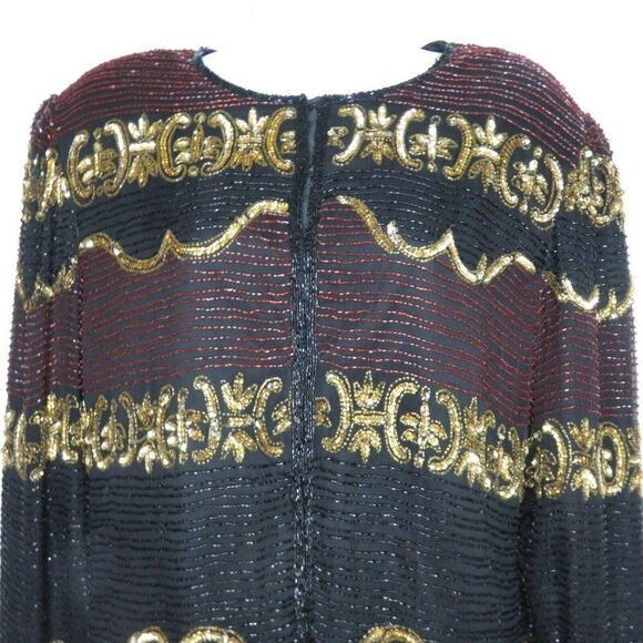 Lawrence Kazar Vintage Beaded Sequined Black Gold Red Silk Blazer Jacket Size M - Picture 2 of 10